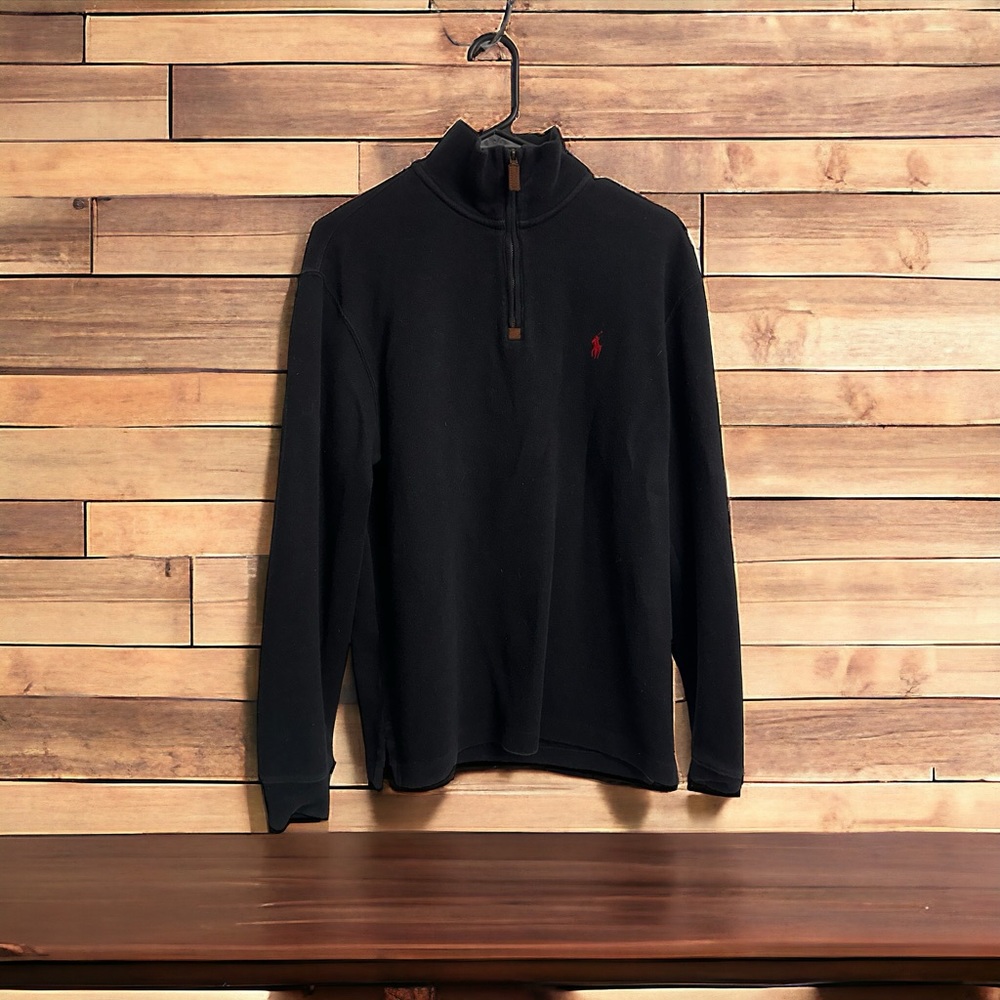 Vintage Polo Ralph Lauren Quarter Zipper Leather Red Pony Black Sweater Men's S